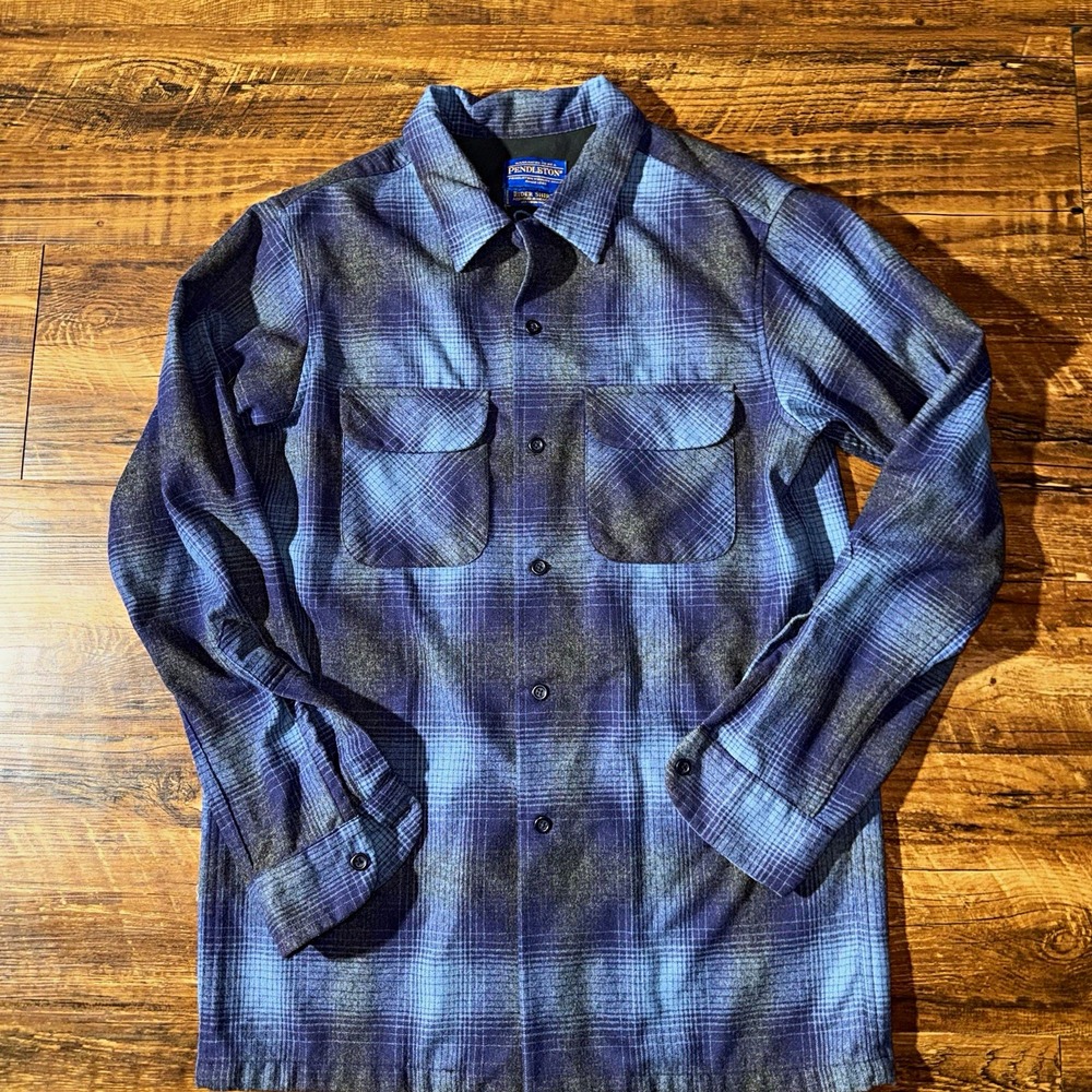 Pendleton Rider Shirt Men's M Blue Plaid Wool Flannel Button Up Pockets